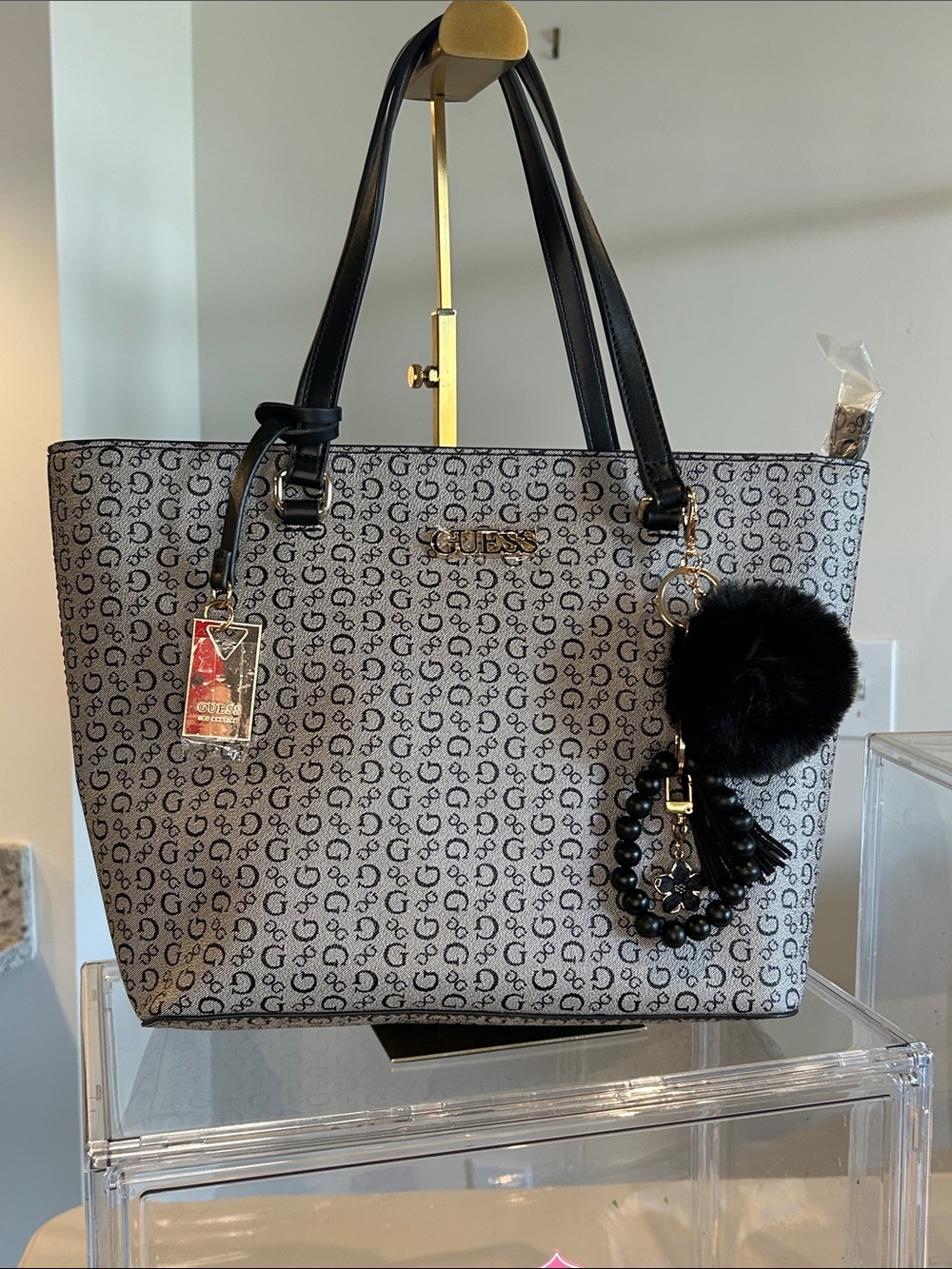 GUESS Gray/Black Logo Tote with Black Trim and Pom-Pom Charm 14”x 5.5”x 9.5” NWT